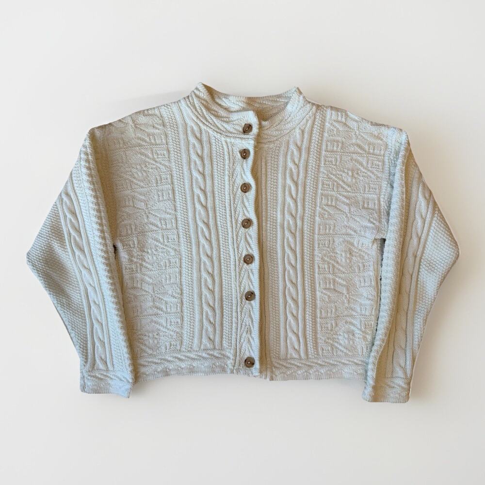 Vintage LL Bean Cardigan Women's Small White Cable Knit Snowflake Sweater Winter